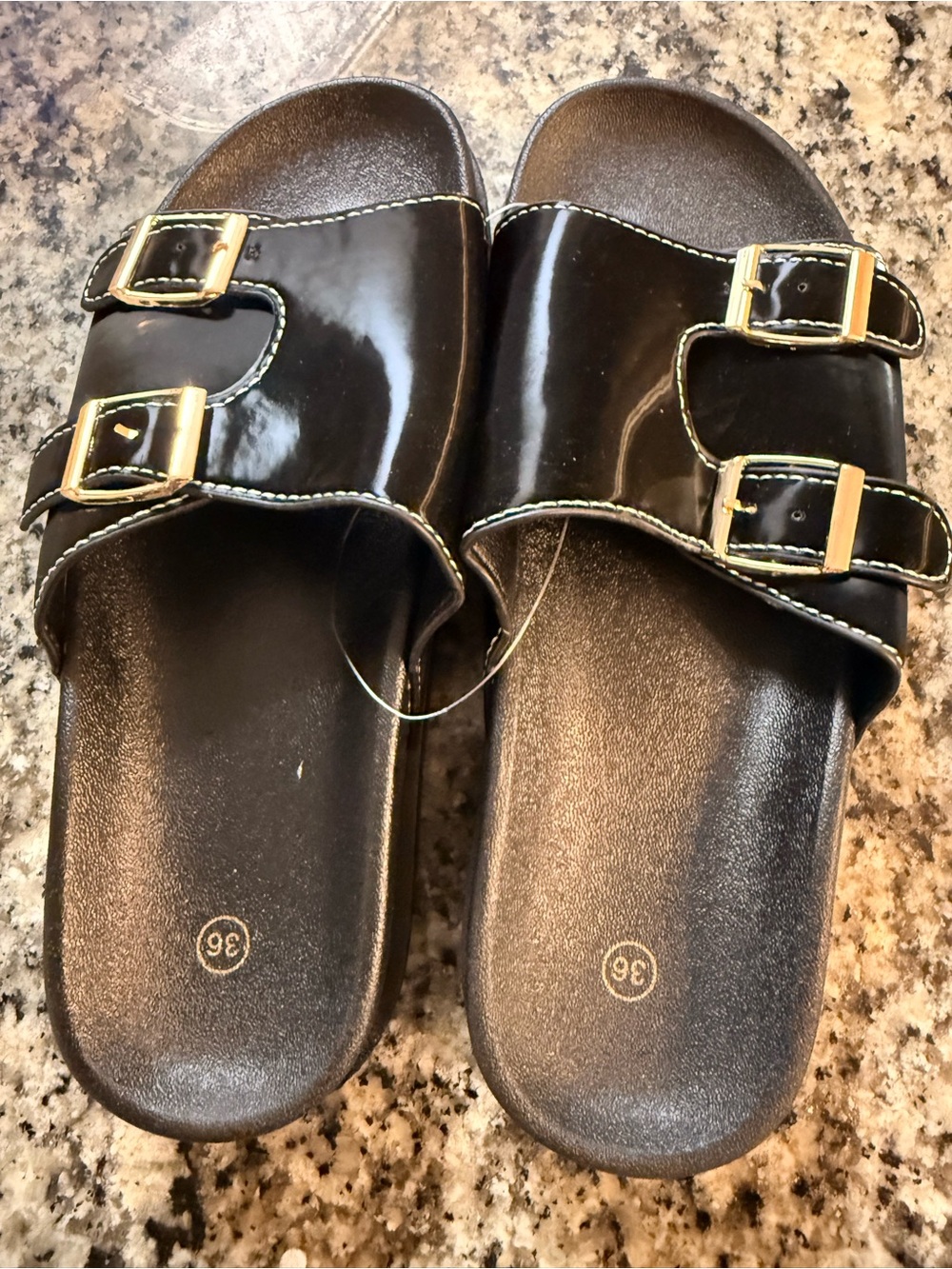 Girls Black Patent Double Buckle Slide Sandals with Gold Buckles